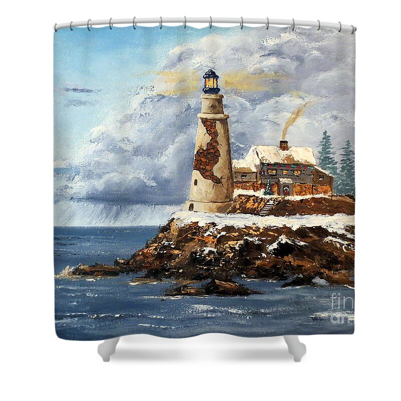  Light House Shower Curtain featuring the painting Christmas Island by Lee Piper