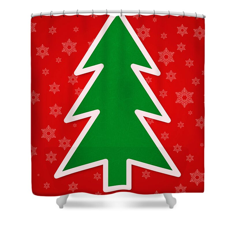 Tree Shower Curtain featuring the digital art Christmas Tree on Red Background With Snowflakes by Taiche Acrylic Art