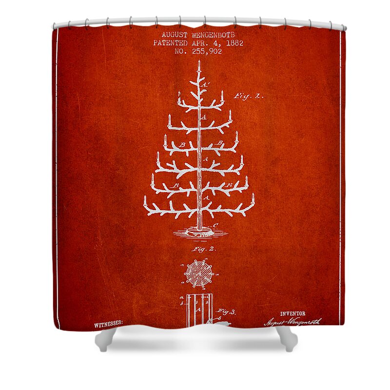 Christmas Tree Shower Curtain featuring the digital art Christmas Tree Patent from 1882 - Red by Aged Pixel