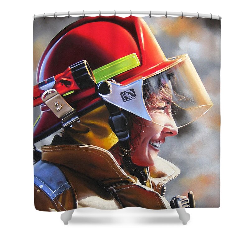 Firefighter Shower Curtain featuring the pastel Christy by Dianna Ponting