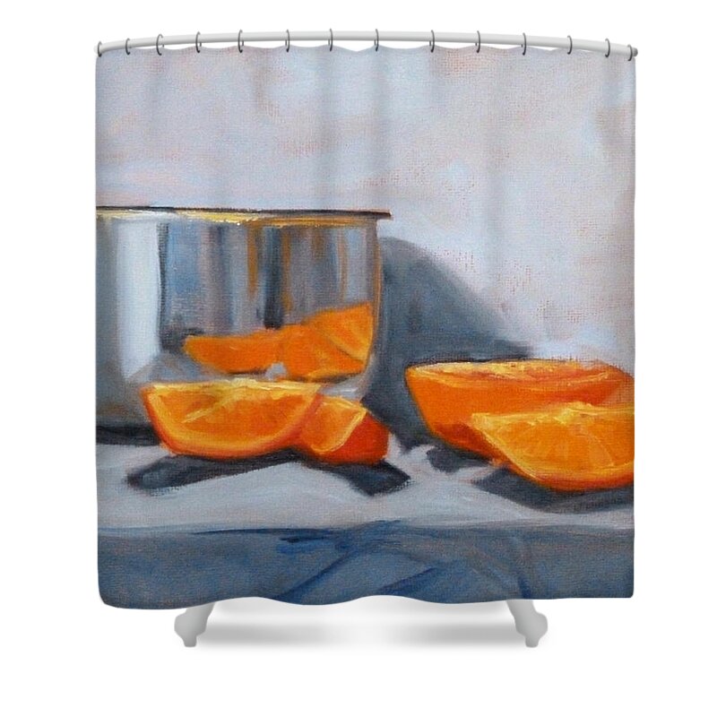 Orange Shower Curtain featuring the painting Chrome and Oranges by Nancy Merkle