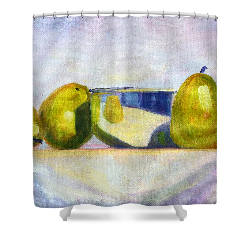 Pear Shower Curtain featuring the painting Chrome and Pears by Nancy Merkle