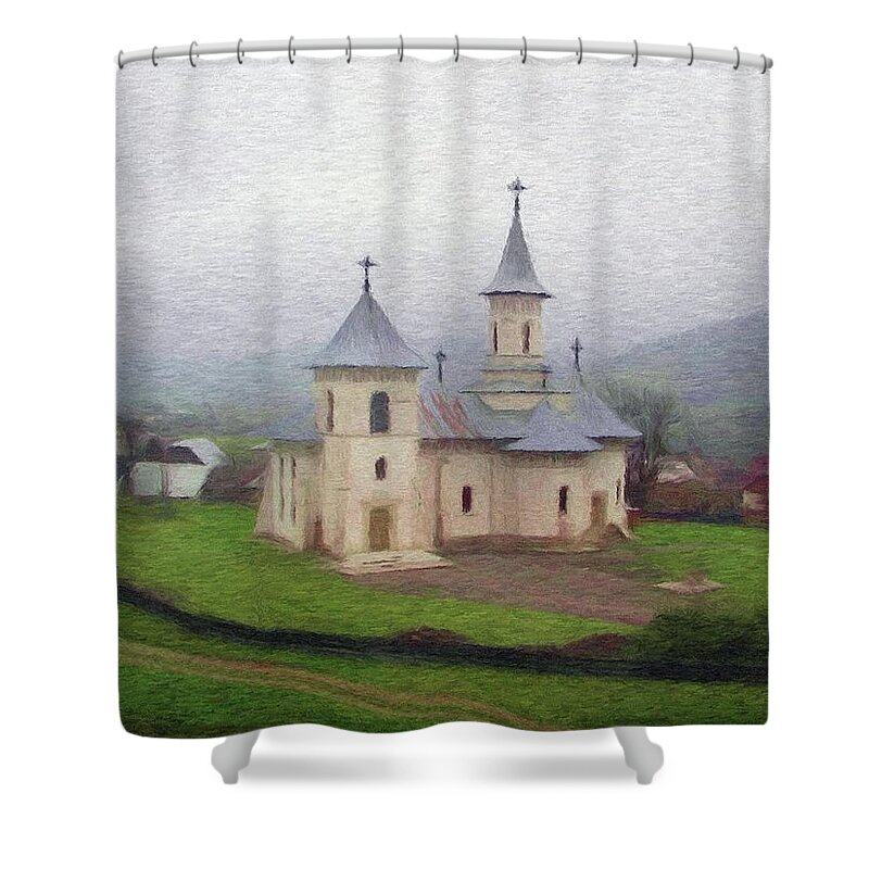 Chapel Shower Curtain featuring the painting Church in the Mist by Jeffrey Kolker