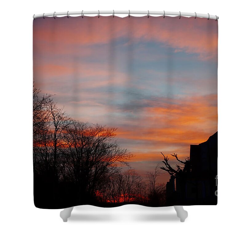 Church Shower Curtain featuring the photograph Church with orange sky by Mats Silvan
