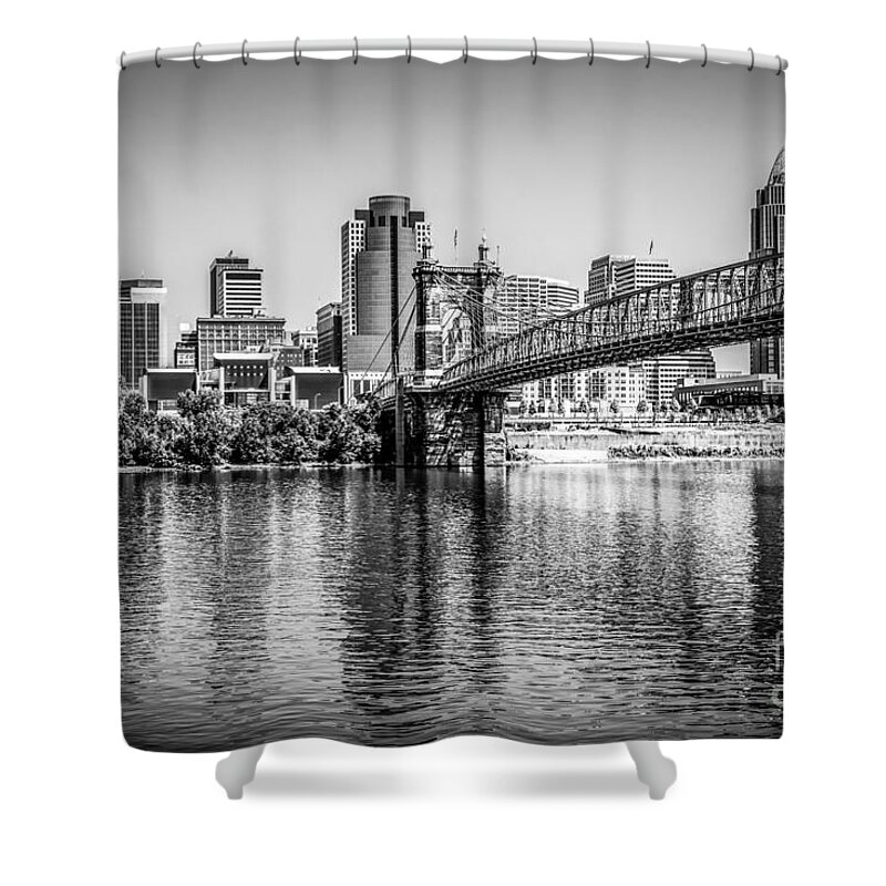 2012 Shower Curtain featuring the photograph Cincinnati Skyline and Roebling Bridge Black and White Picture by Paul Velgos