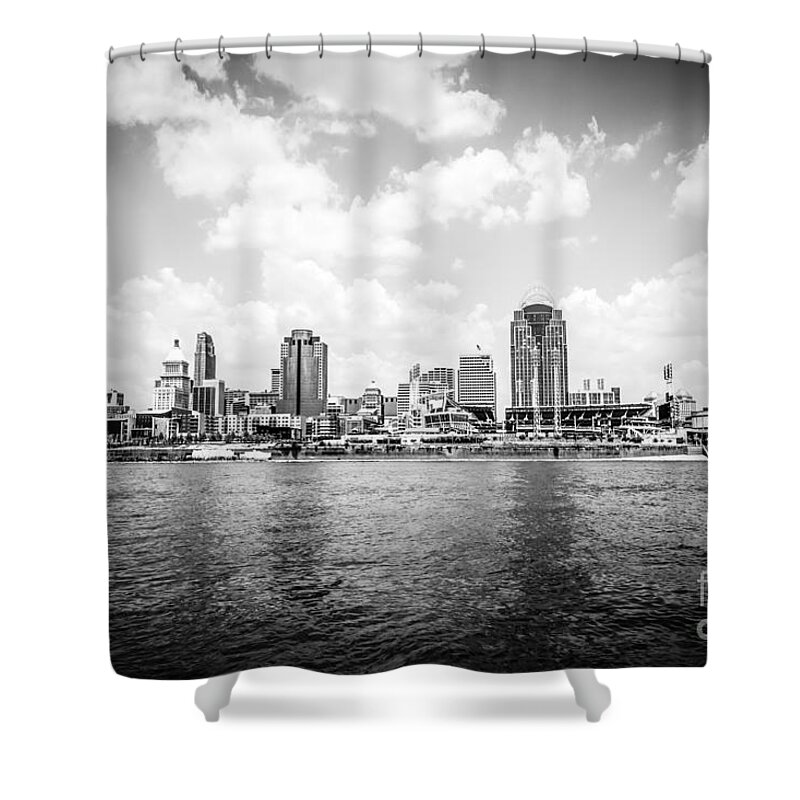 2012 Shower Curtain featuring the photograph Cincinnati Skyline Riverfront Black and White Picture by Paul Velgos