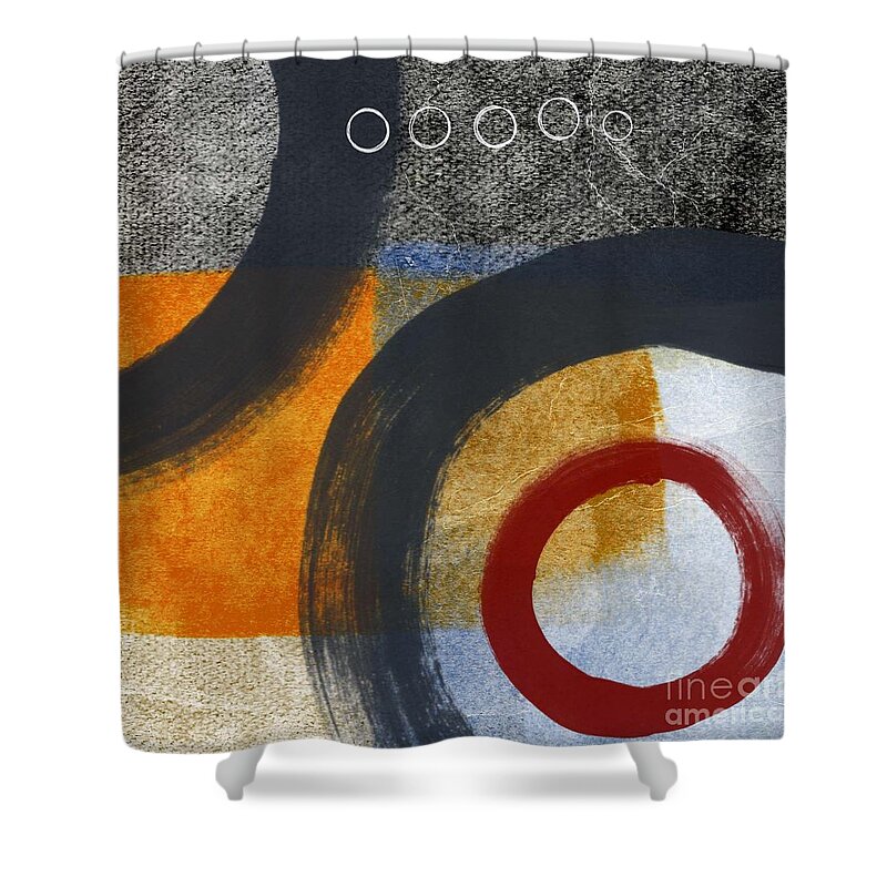 Circles Abstract Blue Red White Grey Gray Black Orangetan Brown Painting Shapes Geometric abstract Shapes abstract Circles Contemporary Modern Hotel Office Lobby Urban Loft Studio Red Circle White Circles Square Shower Curtain featuring the painting Circles 3 by Linda Woods