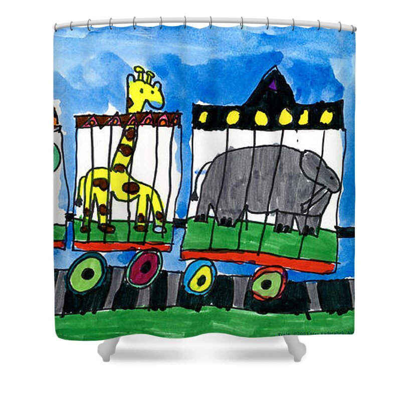 Circus Shower Curtain featuring the painting Circus Train by Max Kaderabek Age Eight