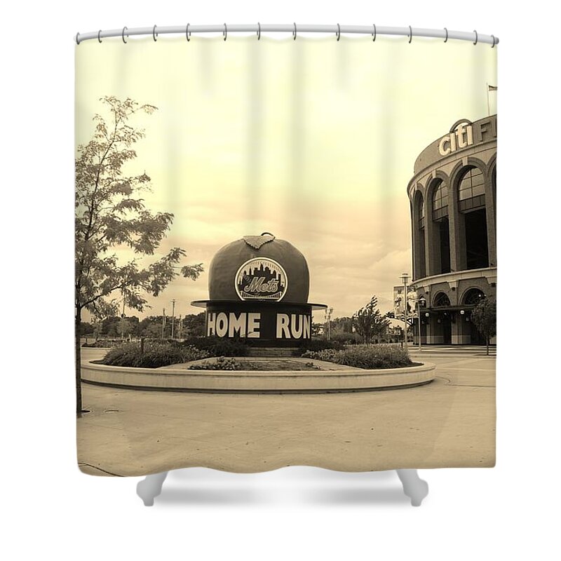 Shea Stadium Shower Curtain featuring the photograph CITI FIELD in SEPIA by Rob Hans