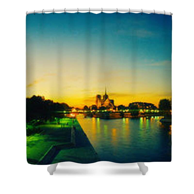 Photography Shower Curtain featuring the photograph City Lit Up At Dusk, Notre Dame, Paris by Panoramic Images