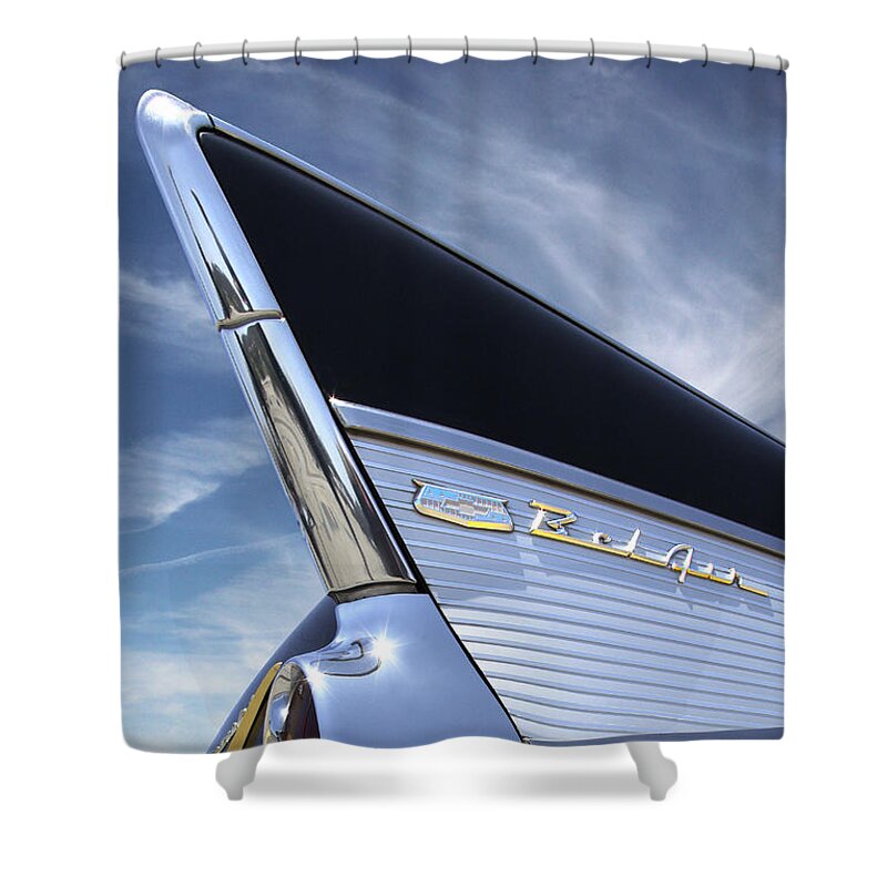 Transportation Shower Curtain featuring the photograph Classic Fin - 57 Chevy Belair by Mike McGlothlen