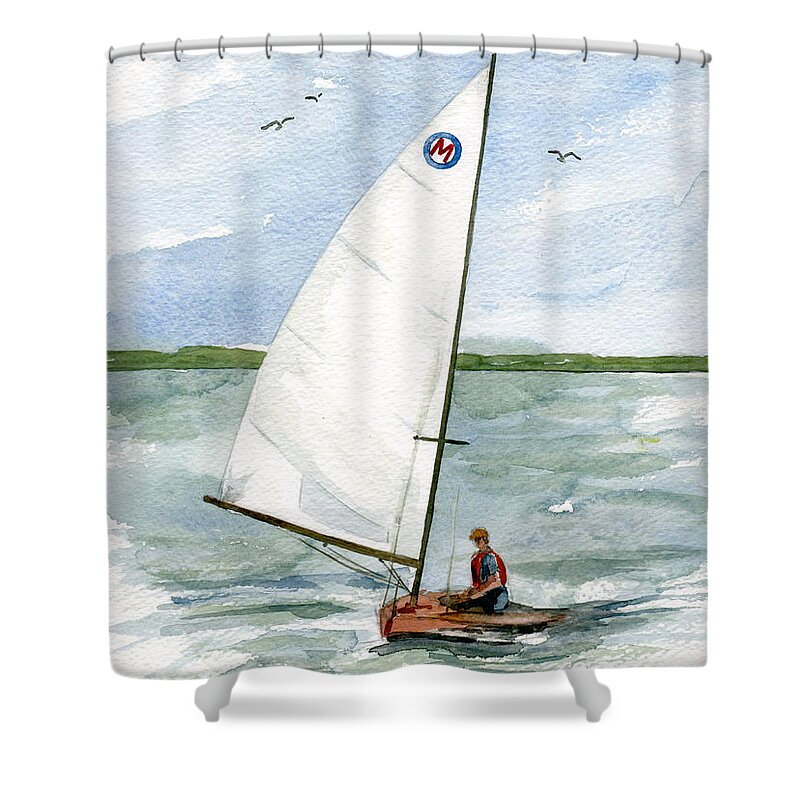 Classic Moth Sailboat Shower Curtain featuring the painting Classic Moth Boat by Nancy Patterson