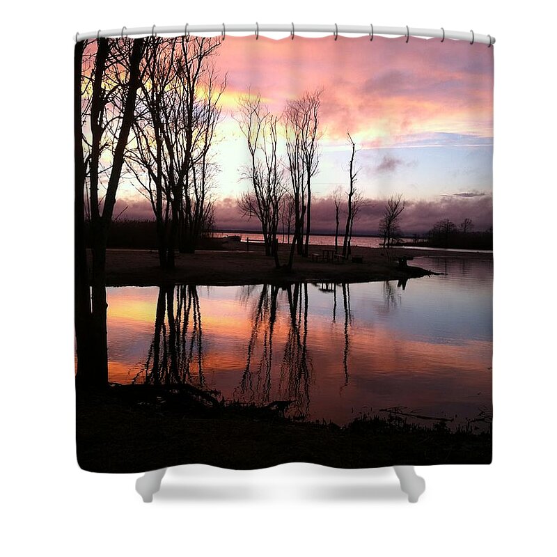 Sunset Shower Curtain featuring the photograph Clearing on the River by Vikki Angel