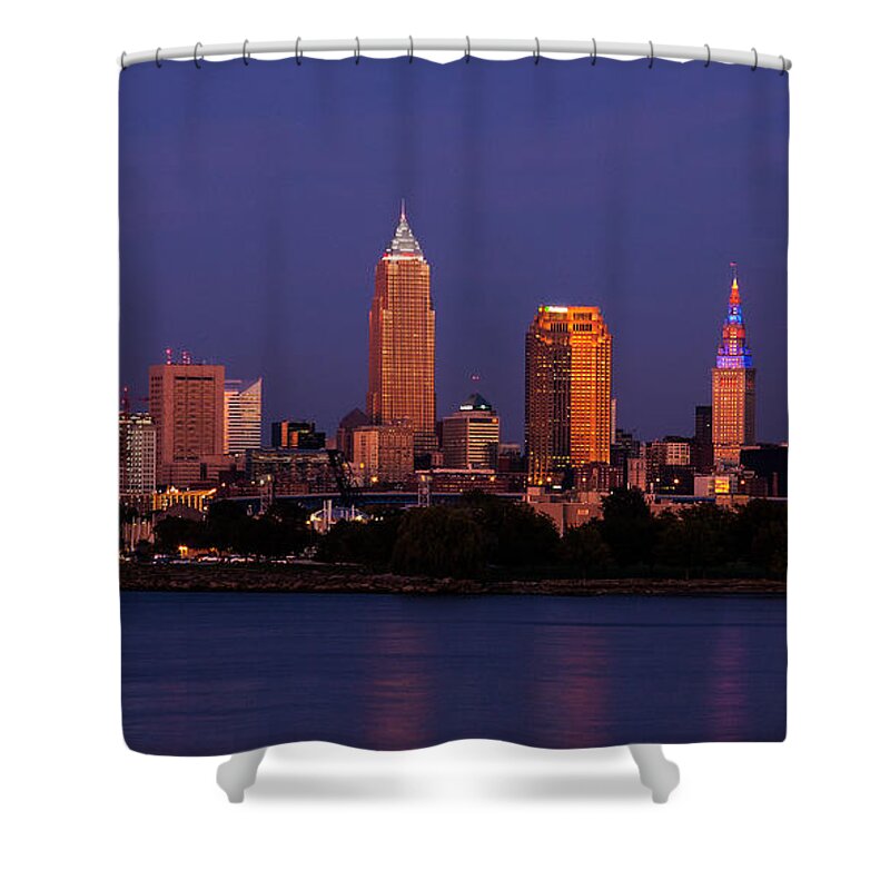  Cleveland Skyline Shower Curtain featuring the photograph Cleveland At Twilight by Dale Kincaid