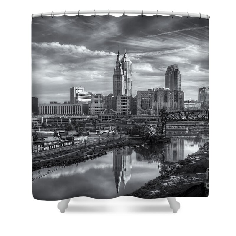 Clarence Holmes Shower Curtain featuring the photograph Cleveland Skyline and the Flats IV by Clarence Holmes