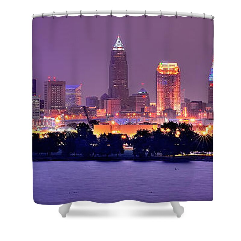 Cleveland Skyline Shower Curtain featuring the photograph Cleveland Skyline at Night Evening Panorama by Jon Holiday