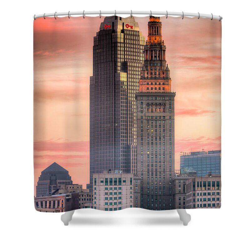 Clarence Holmes Shower Curtain featuring the photograph Cleveland Skyscrapers at Dawn I by Clarence Holmes