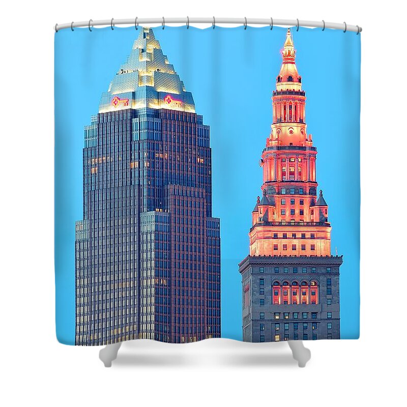 Cleveland Shower Curtain featuring the photograph Clevelands Iconic Towers by Frozen in Time Fine Art Photography