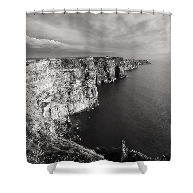 Cliffs Of Moher Shower Curtain featuring the photograph Cliffs of Moher Ireland in Black and White by Pierre Leclerc Photography