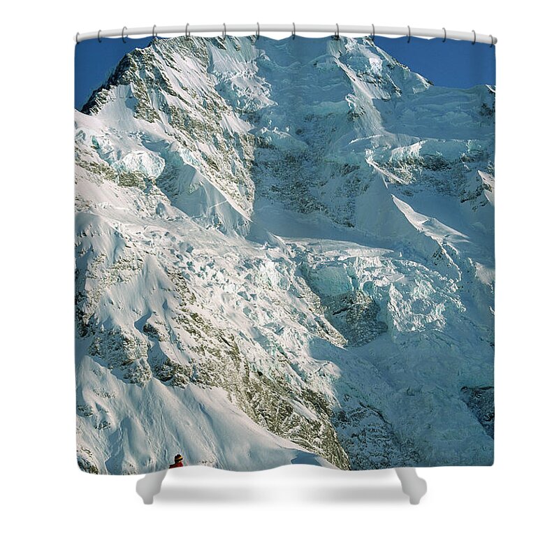 00260054 Shower Curtain featuring the photograph Climber Enjoying View Of Mt Cook by Colin Monteath