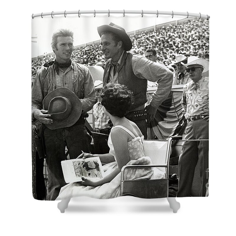 Clint Eastwood Shower Curtain featuring the photograph Clint Eastwood Eric Fleming Characters Rowdy Yates Salinas California 1962 by Monterey County Historical Society