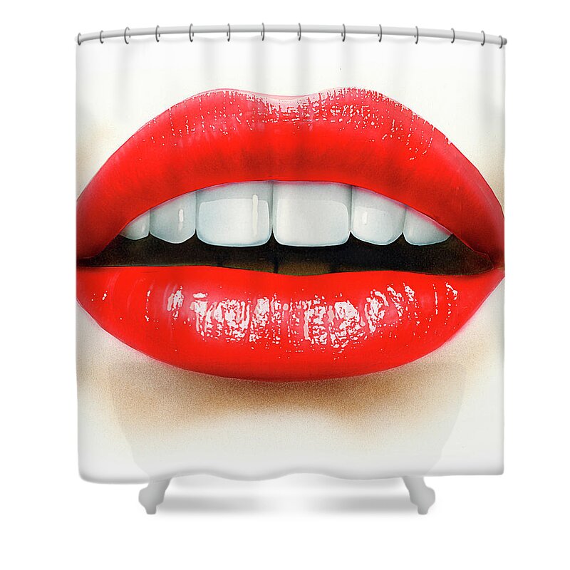 Adult Shower Curtain featuring the photograph Close Up Of Mouth, Teeth And Red Lips by Ikon Ikon Images