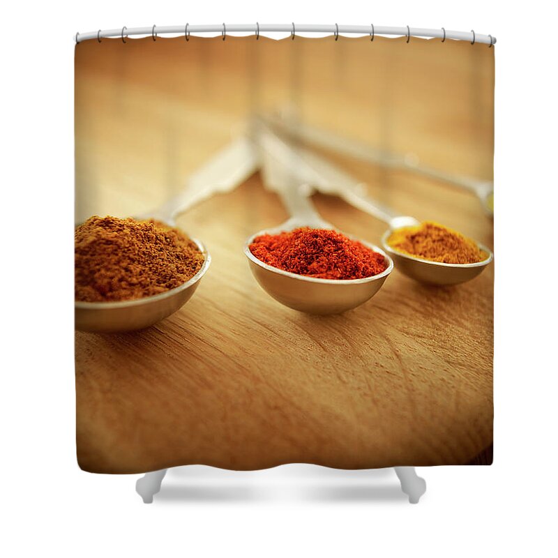 Spoon Shower Curtain featuring the photograph Close Up Of Spices In Measuring Spoons by Adam Gault