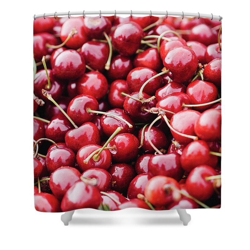Cherry Shower Curtain featuring the photograph Closeup Of Fresh Cherries by Miemo Penttinen - Miemo.net