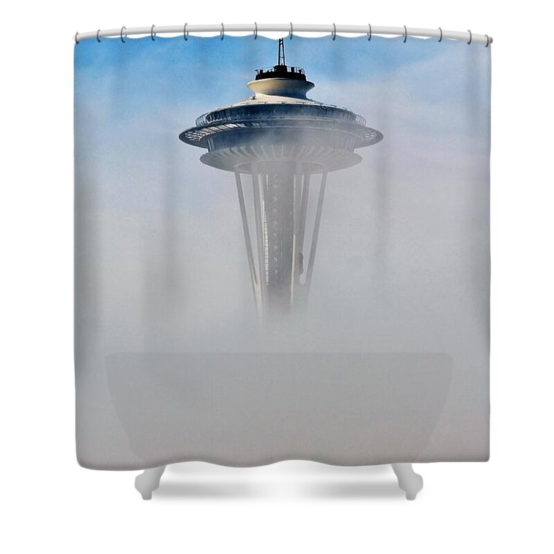 Space Shower Curtain featuring the photograph Cloud City Needle by Benjamin Yeager