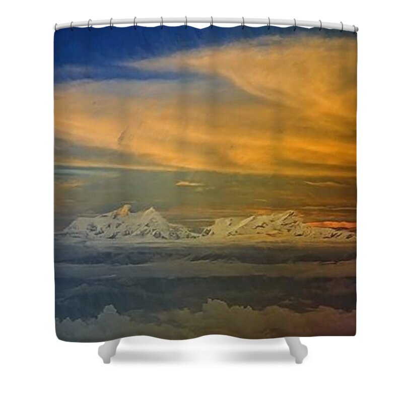 Clouds Shower Curtain featuring the painting Clouds and Mountains by Troy Caperton
