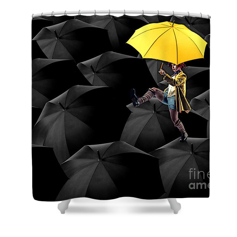 Umbrellas Shower Curtain featuring the digital art Clowning on Umbrellas 03-a13-1 by Variance Collections