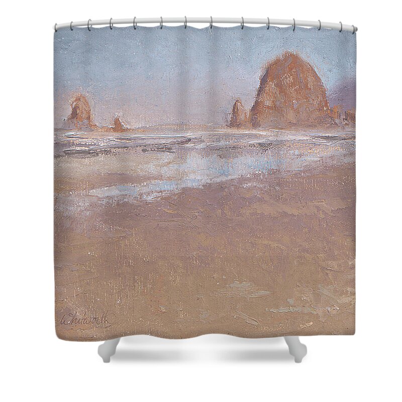 Beach Shower Curtain featuring the painting Coastal Escape Cannon Beach Oregon and Haystack Rock by K Whitworth