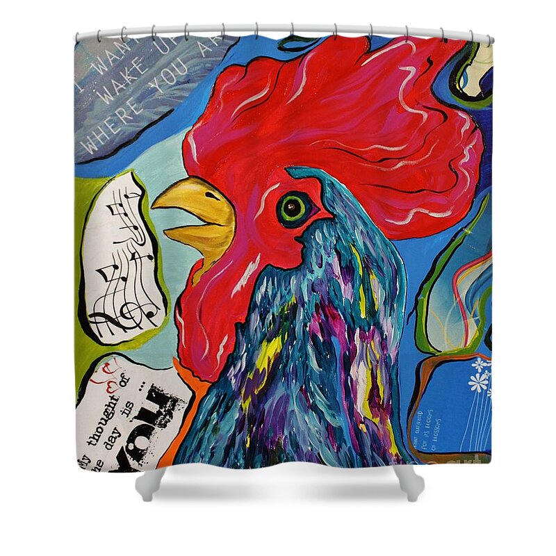 Acrylic Shower Curtain featuring the mixed media Cock-A-Doodle-Do by Janice Pariza