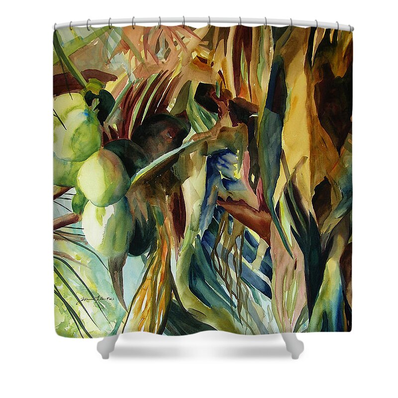 Original Paintings Shower Curtain featuring the painting Coconuts and palm fronds 5-16-11 julianne felton by Julianne Felton