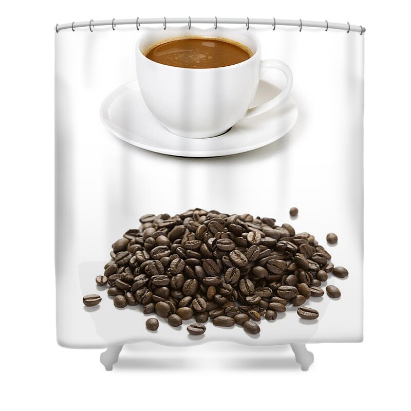 Bean Shower Curtain featuring the photograph Coffee Cups And Coffee Beans by Lee Avison