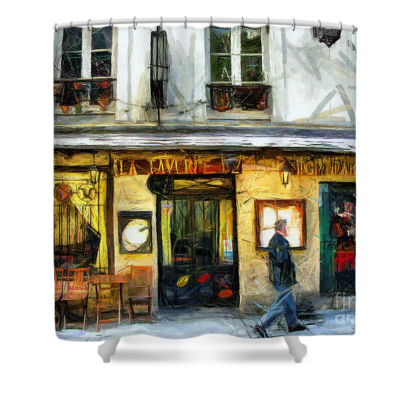 Coffee Shop Shower Curtain featuring the pastel Coffee Shop Paris - Pastel by Daliana Pacuraru