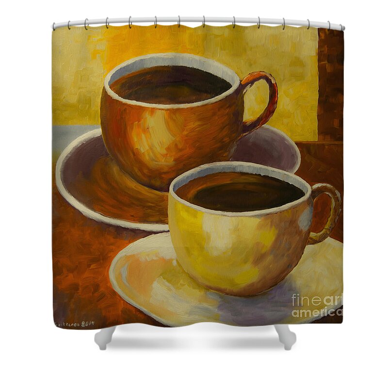 Art Shower Curtain featuring the painting Coffee time by Veikko Suikkanen