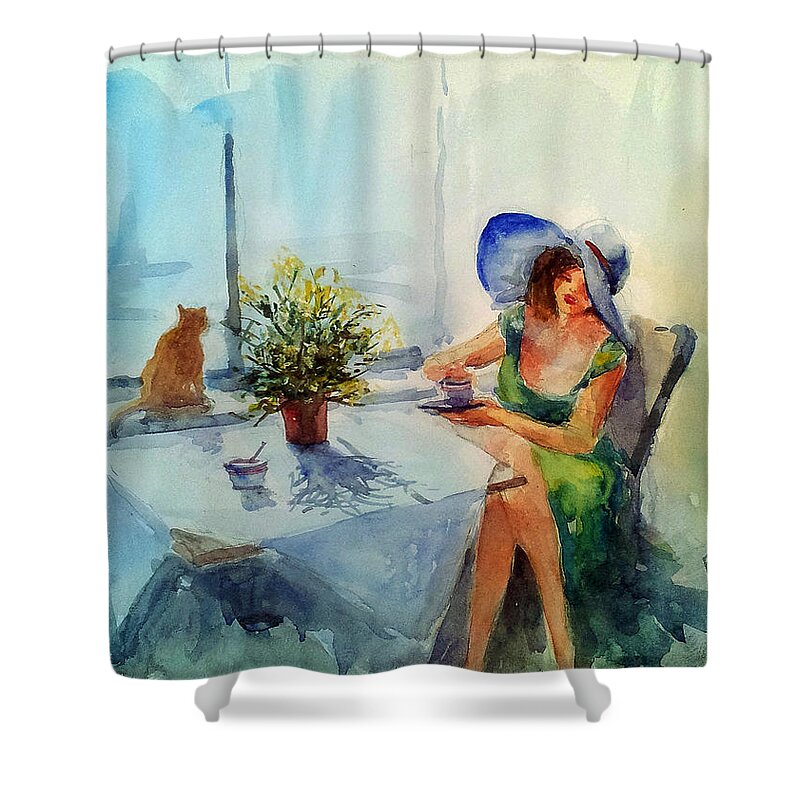 Woman Shower Curtain featuring the painting Coffee Time with Mimosas by Faruk Koksal