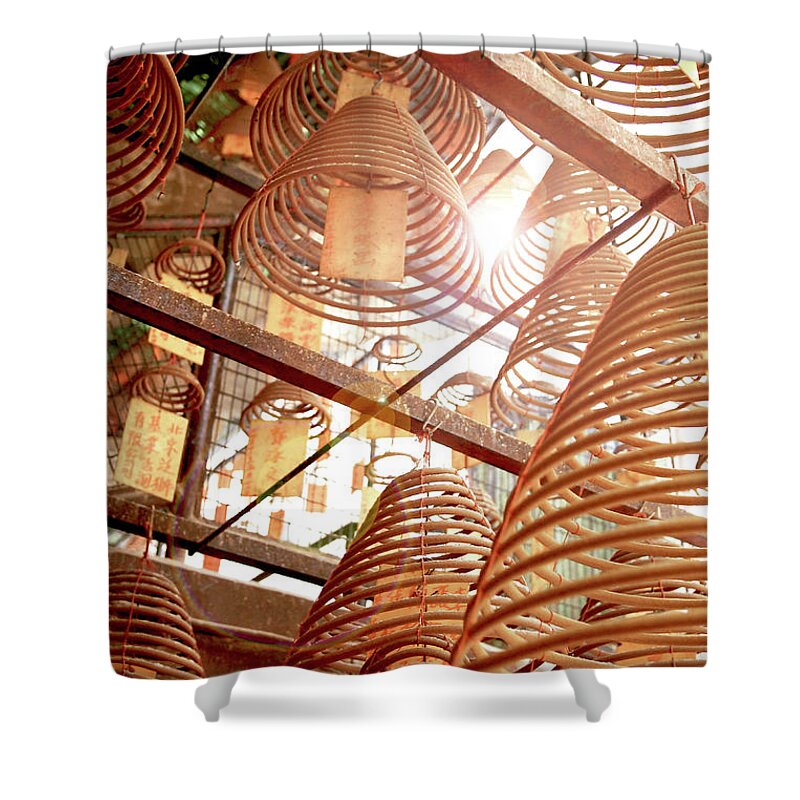 Tranquility Shower Curtain featuring the photograph Coil Incense Hanging At Chinese Temple by Cheryl Chan