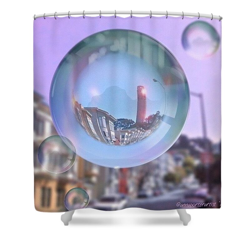 Architecture Shower Curtain featuring the photograph Coit Tower in a Bubble and Purple Sky by Anna Porter