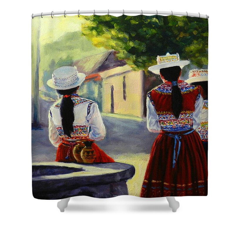 Figures Shower Curtain featuring the painting Colca Valley Ladies, Peru Impression by Ningning Li