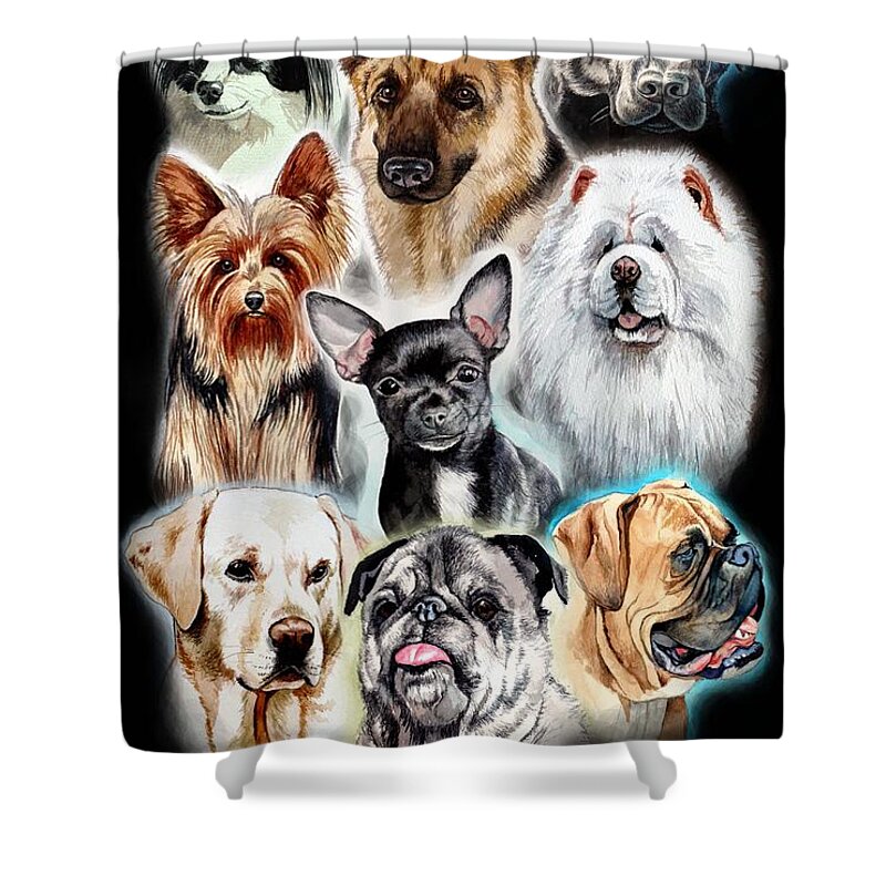 Chihuahua Shower Curtain featuring the painting Collage of Dogs by Christopher Shellhammer by Christopher Shellhammer