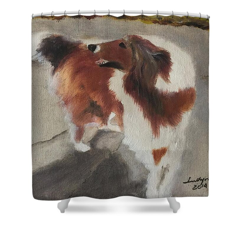 Art Shower Curtain featuring the painting Collie by Ryszard Ludynia