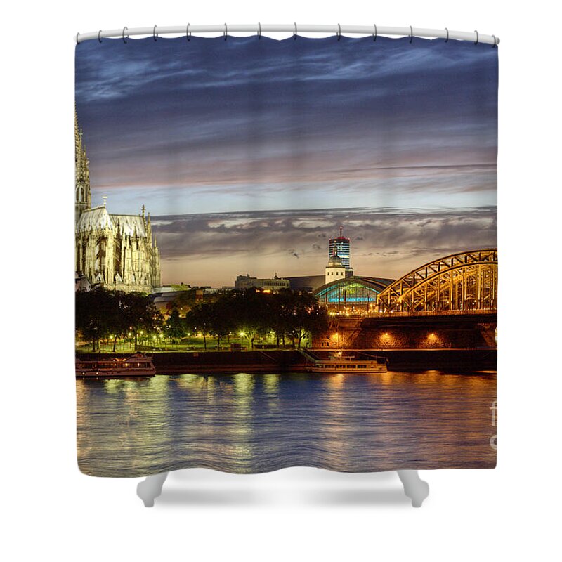 Cologne Shower Curtain featuring the photograph Cologne Cathedral with Rhine Riverside by Heiko Koehrer-Wagner
