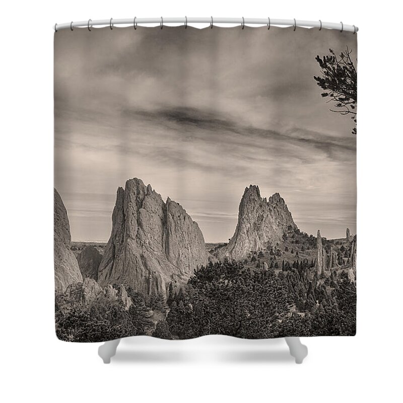 Garden Of The Gods Shower Curtain featuring the photograph Colorado Garden of the Gods Mono Tone View by James BO Insogna