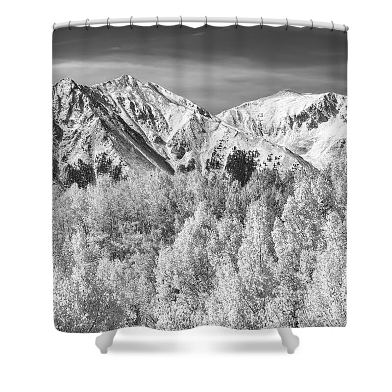 Snow Shower Curtain featuring the photograph Colorado Rocky Mountain Autumn Magic Black and White by James BO Insogna