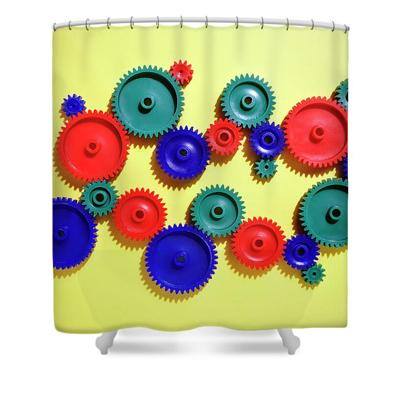 Working Shower Curtain featuring the photograph Colored Gears by Joseph Clark