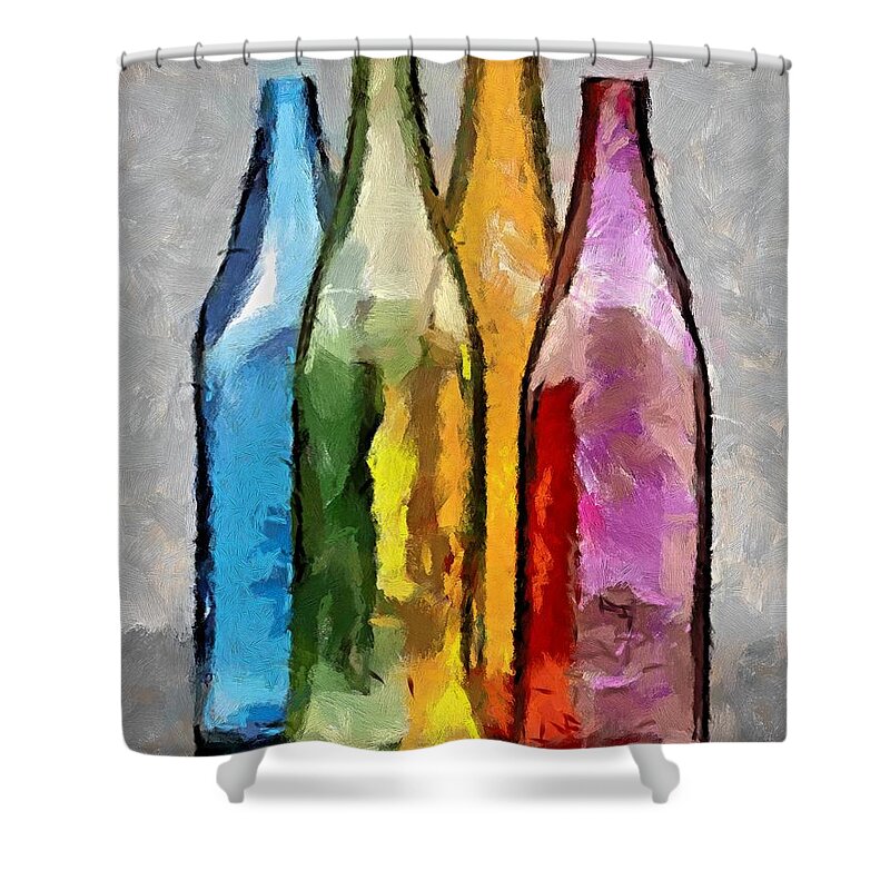 Still Life Shower Curtain featuring the painting Colored Glass Bottles by Dragica Micki Fortuna
