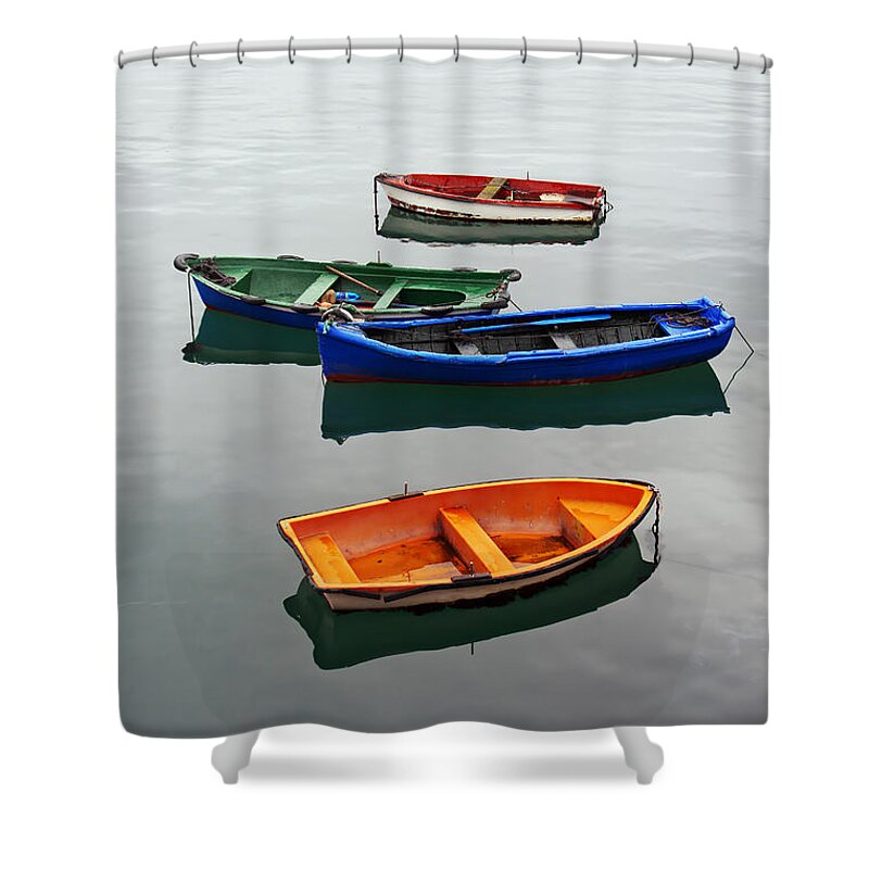 Fishing Shower Curtain featuring the photograph colorful boats on Santurtzi by Mikel Martinez de Osaba
