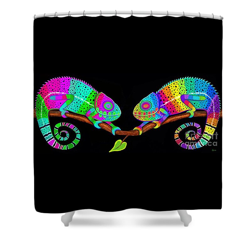 Chameleons Shower Curtain featuring the painting Colorful Companions by Nick Gustafson